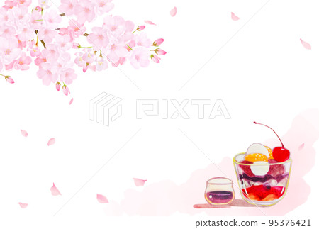 Cherry tree and petals-Anmitsu shiratama zenzai dessert Japanese style illustration-hand drawn material 95376421