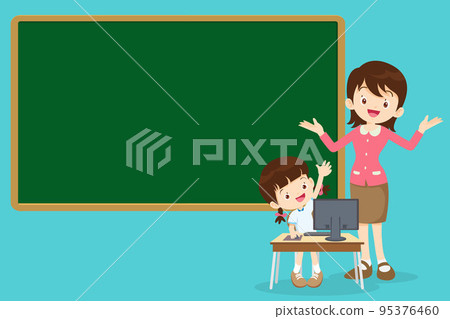 teacher and student girl learning computer hand up 95376460