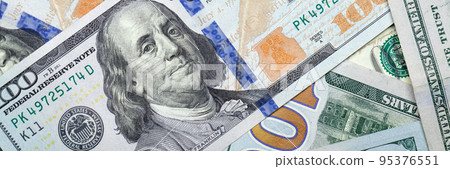 One Hundred Dollars banknotes, panoramic financial photo 95376551