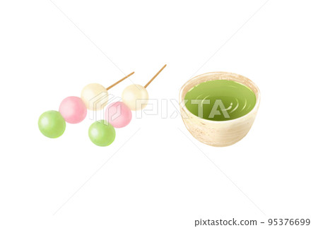 Tea and three-color dumpling Japanese style illustration set-hand-drawn material 95376699