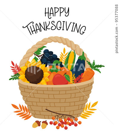 Greeting card with a wicker basket with an autumn harvest of vegetables and fruits. Vector flat illustration for Thanksgiving day. Isolated on a white background 95377088