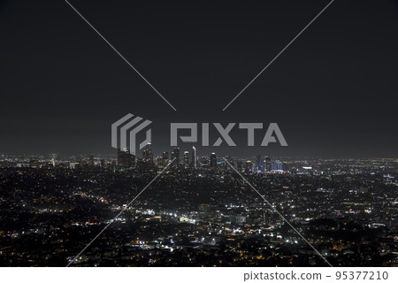 Beautiful night view of Los Angeles downtown in California from above. 4k video. Busy night city aerial view. Beautiful night view of Los Angeles downtown in California from above. 4k video. Busy night city aerial view. 95377210