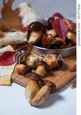 Several Imleria Badia or Boletus badius mushrooms commonly known as the bay bolete and vintage pan with mushrooms on wooden cutting board.. 95377680
