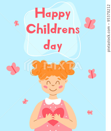 World Children's Day. Poster with a cute girl and a heart in her hands. Vector illustration. Greeting card for children's day.Cartoon style. 95378212