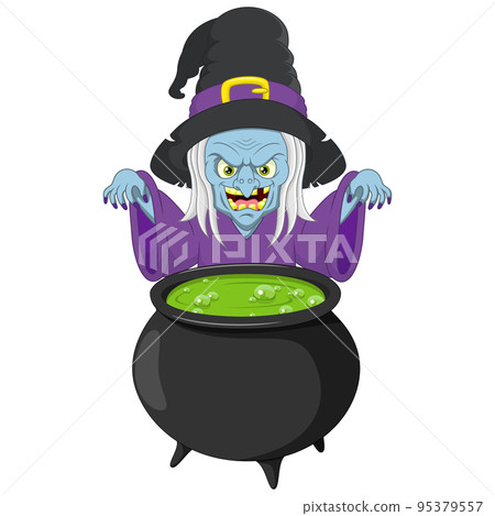 Cute old witch cartoon with cauldron Cute old witch cartoon with cauldron 95379557