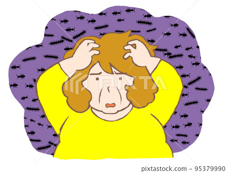 一個酗酒的女人被幻覺嚇壞的插圖，牆上的污漬看起來像大量的昆蟲 95379990