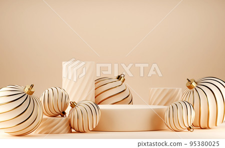 3D abstract Christmas light background with beige Christmas ornaments 3D abstract Christmas light background with beige Christmas ornaments 95380025