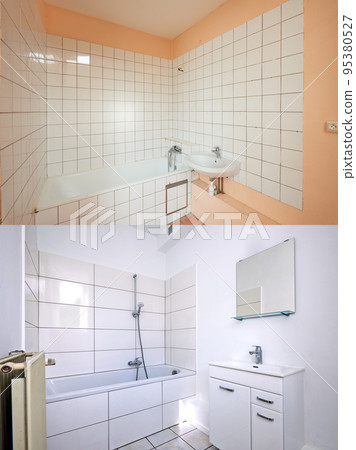Before and after view of a freshly renovated bathroom 95380527