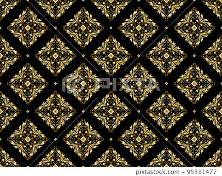 Wallpaper in the style of Baroque. Seamless vector background. Gold and black floral ornament. Graphic pattern for fabric, wallpaper, packaging. Ornate Damask flower ornament Wallpaper in the style of Baroque. Seamless vector background. Gold and black floral ornament. Graphic pattern for fabric, wallpaper, packaging. Ornate Damask flower ornament 95381477