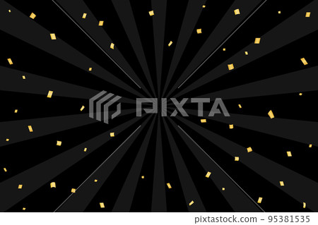 Golden confetti falling on black and gray sunburst background 95381535
