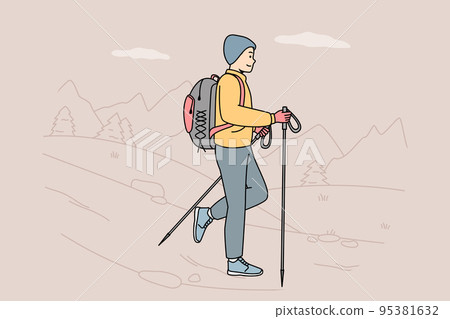 Guy with poles for Nordic walking going at nature. Guy with poles for Nordic walking going at nature. 95381632