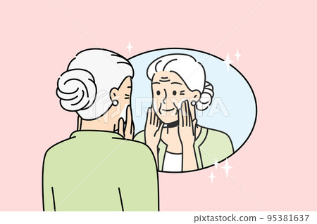 Elderly lady puts anti-aging cream on face at home. Elderly lady puts anti-aging cream on face at home. 95381637