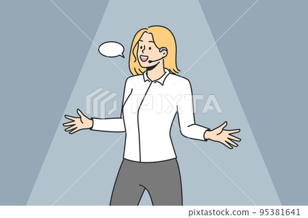 Stand-up comedian woman. Lady performing. Speaker. Stand-up comedian woman. Lady performing. Speaker. 95381641