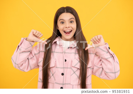 happy kid girl wear pink checkered shirt pointing fingers on herself, selfish happy kid girl wear pink checkered shirt pointing fingers on herself, selfish 95381931