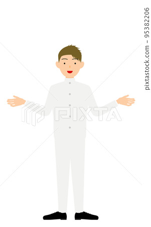 A male student wearing a white school uniform, gesture to spread both hands 95382206