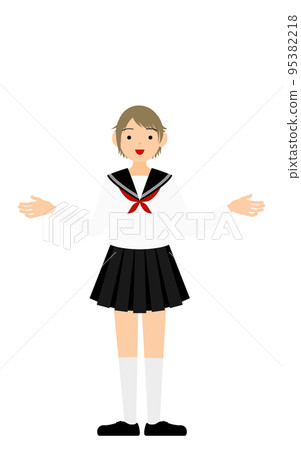 A girl student wearing a white sailor suit, gesture to spread both hands A girl student wearing a white sailor suit, gesture to spread both hands 95382218