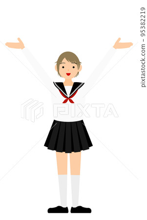 A girl student wearing a white sailor suit poses to raise her open arms A girl student wearing a white sailor suit poses to raise her open arms 95382219