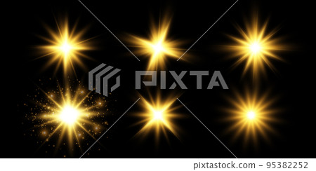 Collection of various glowing stars. A set of glare from a sunbeam. Flashes of light. Glow effect, sparks, radiance, shine. Vector illustration on a black background. 95382252