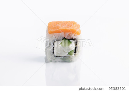 Philadelphia sushi roll on white background. Uramaki rolls. Philadelphia sushi roll on white background. Uramaki rolls. 95382501