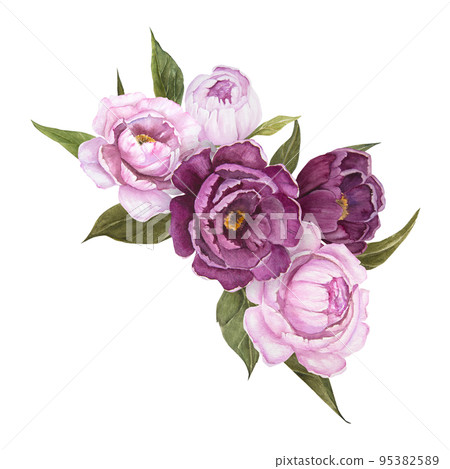 Flower watercolor illustration of peonies isolated, bouquet of flowers Flower watercolor illustration of peonies isolated, bouquet of flowers 95382589