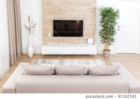 Modern light living room with tv equipment Modern light living room with tv equipment 95382591