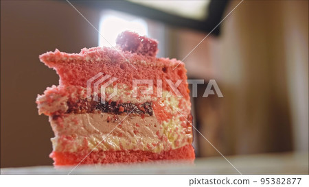 Flamingo cake with strawberry. Macro and slider shooting 95382877