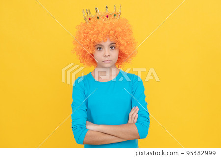 serious teen girl in fancy clown wig wear queen crown, egocentric serious teen girl in fancy clown wig wear queen crown, egocentric 95382999
