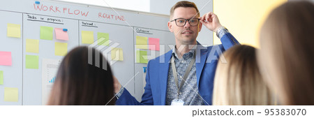 The coach in office standing at the blackboard teaches women 95383070