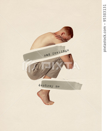 Contemporary art collage. Conceptual image. Young man sitting in despair, suffering from depression and anxiety Contemporary art collage. Conceptual image. Young man sitting in despair, suffering from depression and anxiety 95383131