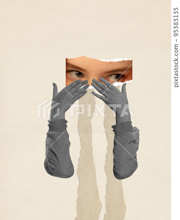 Contemporary art collage. Conceptual image. Cropped image of female eyes and hands. Depression, sadness and loneliness Contemporary art collage. Conceptual image. Cropped image of female eyes and hands. Depression, sadness and loneliness 95383135