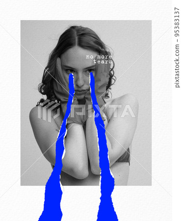 Contemporary art collage. Conceptual image. Young beautiful woman crying in sadness. Feeling broken 95383137