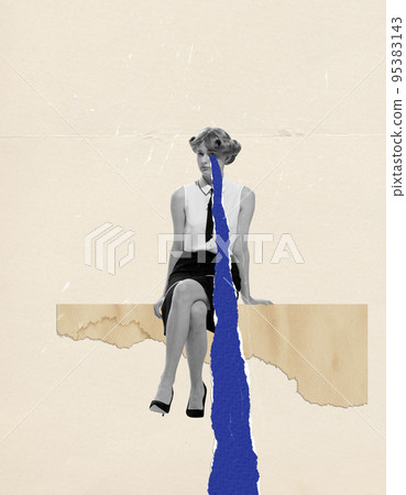 Contemporary art collage. Conceptual image. Young woman sitting in sadness and crying. Stress and depression Contemporary art collage. Conceptual image. Young woman sitting in sadness and crying. Stress and depression 95383143