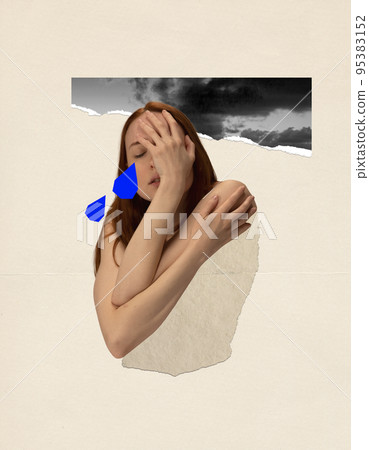 Contemporary art collage. Conceptual image. Young girl suffering from depression, broken heart, loneliness Contemporary art collage. Conceptual image. Young girl suffering from depression, broken heart, loneliness 95383152