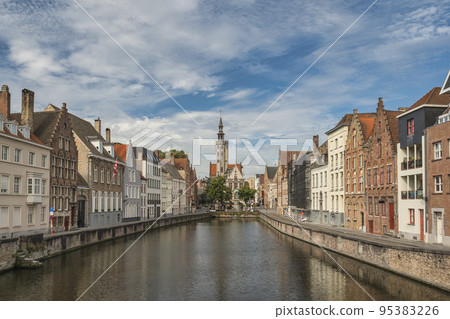 Bruges Belgium, city skyline at Spiegelrei Canal view from King's Bridge (Koningsbrug) Bruges Belgium, city skyline at Spiegelrei Canal view from King's Bridge (Koningsbrug) 95383226