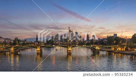 Frankfurt Germany, sunset panorama city skyline at Main River and business skyscraper Frankfurt Germany, sunset panorama city skyline at Main River and business skyscraper 95383234
