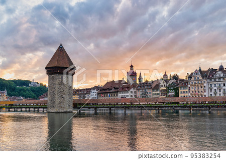 Lucerne (Luzern) Switzerland, sunset city skyline at Chapel Bridge Lucerne (Luzern) Switzerland, sunset city skyline at Chapel Bridge 95383254