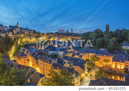Grand Duchy of Luxembourg, night city skyline at Grund along Alzette river in the historical old town of Luxembourg Grand Duchy of Luxembourg, night city skyline at Grund along Alzette river in the historical old town of Luxembourg 95383255