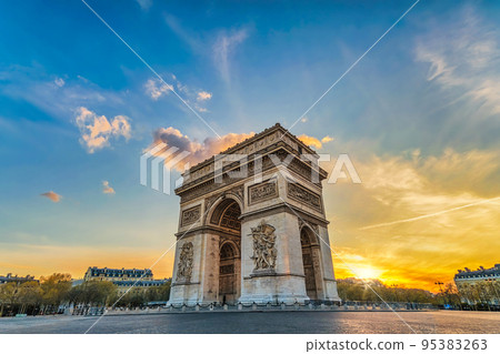 Paris France sunset city skyline at Arc de Triomphe and Champs Elysees 95383263