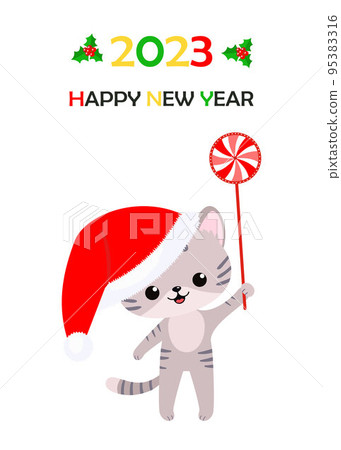 Cute cat in Christmas hat with Christmas candy. 2023 Cute cat in Christmas hat with Christmas candy. 2023 95383316