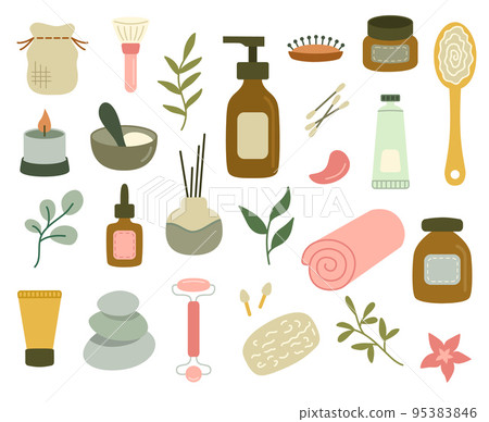 Set of spa elements and face and body care. Cosmetic packaging and relaxation. Vector illustration 95383846