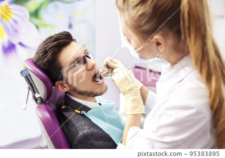 Portrait of male. Dental care Concept. Dental inspection is being given to Beautiful man surrounded by dentist 95383895