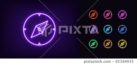Outline neon compass icon. Glowing neon compass arrow, north direction, orientation pointer pictogram. Navigation and destination Outline neon compass icon. Glowing neon compass arrow, north direction, orientation pointer pictogram. Navigation and destination 95384035