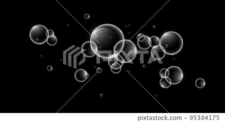 A set of colorful and colorful soap bubbles to create a design. Isolated, transparent, realistic soap bubbles on a transparent background. 95384175