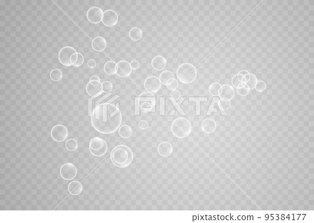 A set of colorful and colorful soap bubbles to create a design. Isolated, transparent, realistic soap bubbles on a transparent background. 95384177