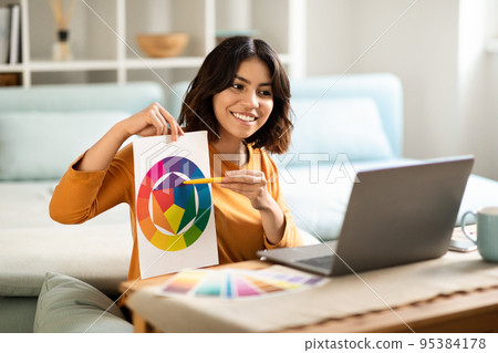 Tutoring Concept. Arab Female Graphic Designer Demonstrating Color Swatches At Laptop Camera 95384178