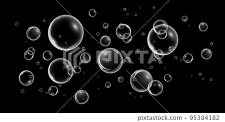 A set of colorful and colorful soap bubbles to create a design. Isolated, transparent, realistic soap bubbles on a transparent background. 95384182