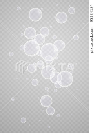 A set of colorful and colorful soap bubbles to create a design. Isolated, transparent, realistic soap bubbles on a transparent background. 95384184
