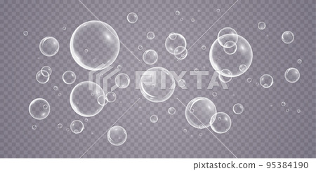 A set of colorful and colorful soap bubbles to create a design. Isolated, transparent, realistic soap bubbles on a transparent background. 95384190