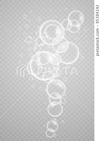 A set of colorful and colorful soap bubbles to create a design. Isolated, transparent, realistic soap bubbles on a transparent background. 95384192