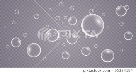 A set of colorful and colorful soap bubbles to create a design. Isolated, transparent, realistic soap bubbles on a transparent background. 95384194